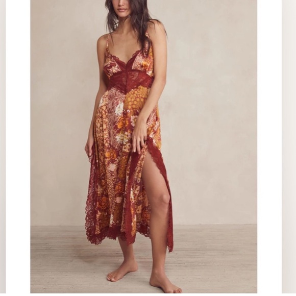 Free People Intimately Right Now Silky Lace Floral Leopard Print Midi Slip Dress - Picture 2 of 6